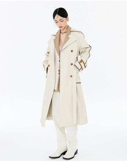 Contrast PU Leather Trench Coat