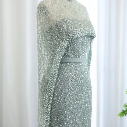 Beaded Strapless Floor-Length Dress with Cape