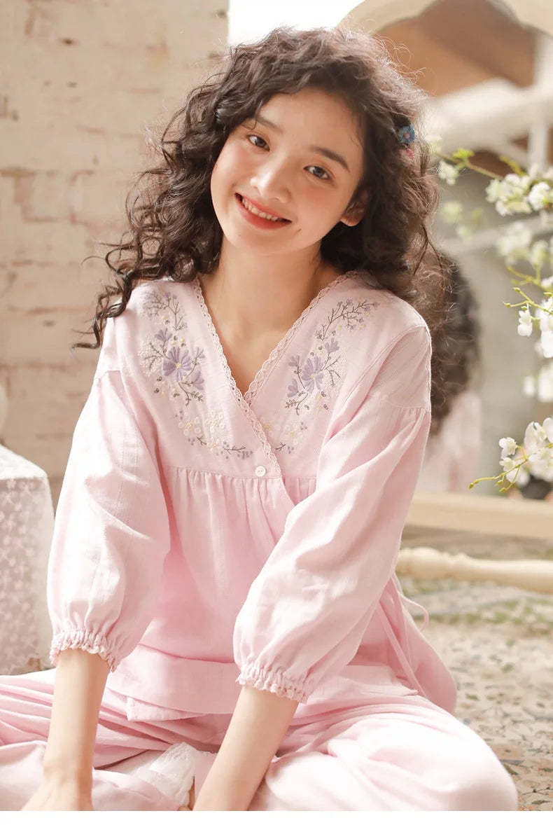 Embroidered Three-Quarter Sleeve Pajama Set