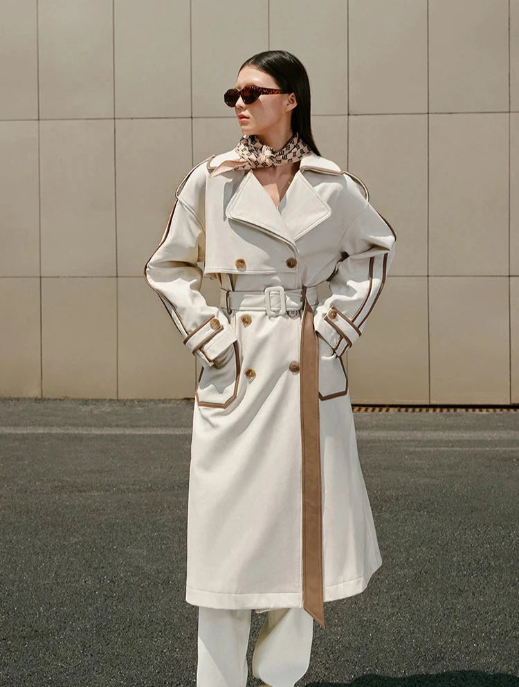 Contrast PU Leather Trench Coat