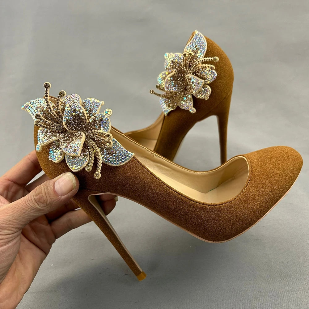 Rhinestone Flower Round Toe High Heel Shoes