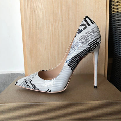 Newspaper Print Pointed Toe High Heel Shoes