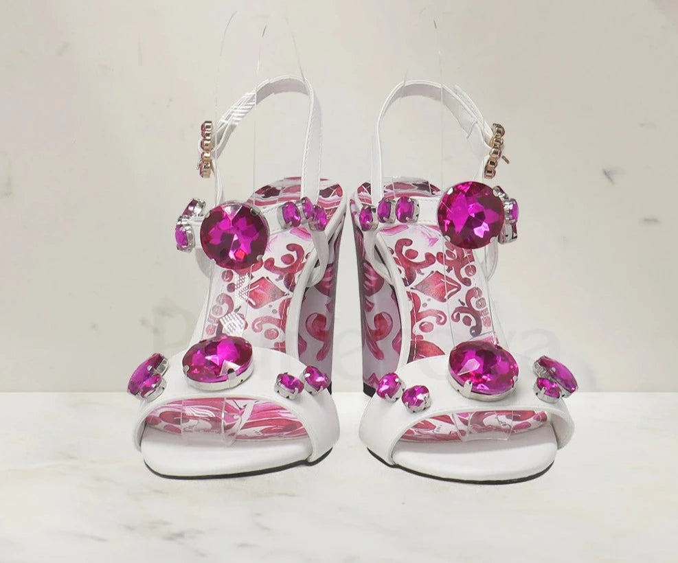 Porcelain Print Embellished Chunky Heel Sandals