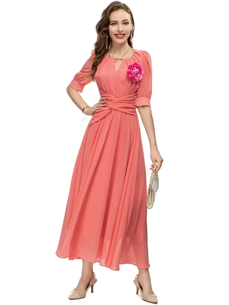 Applique Shirred Lantern Half Sleeve Maxi Dress