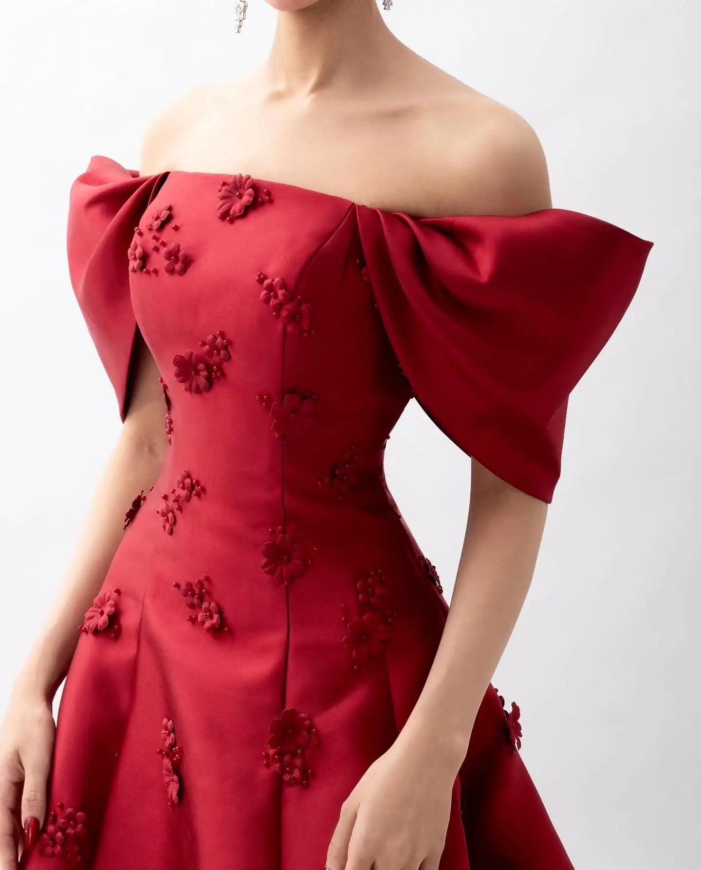 3D Flowers Off-Shoulder Cap Sleeve Dress