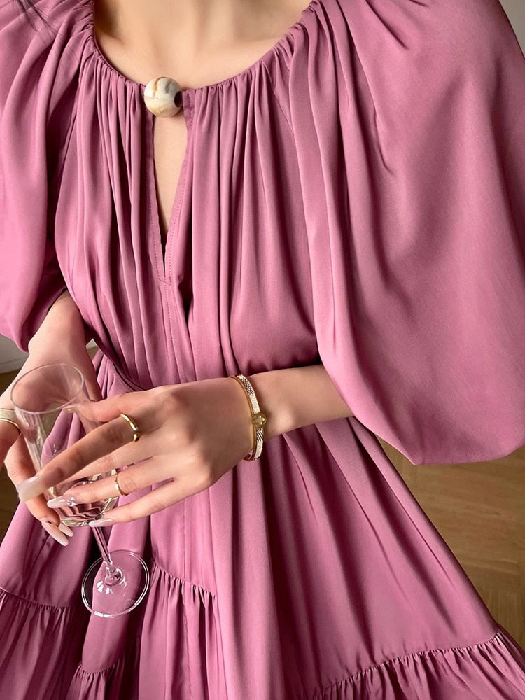 Gradient Pleated V-Neck Puff Sleeve Midi Dress