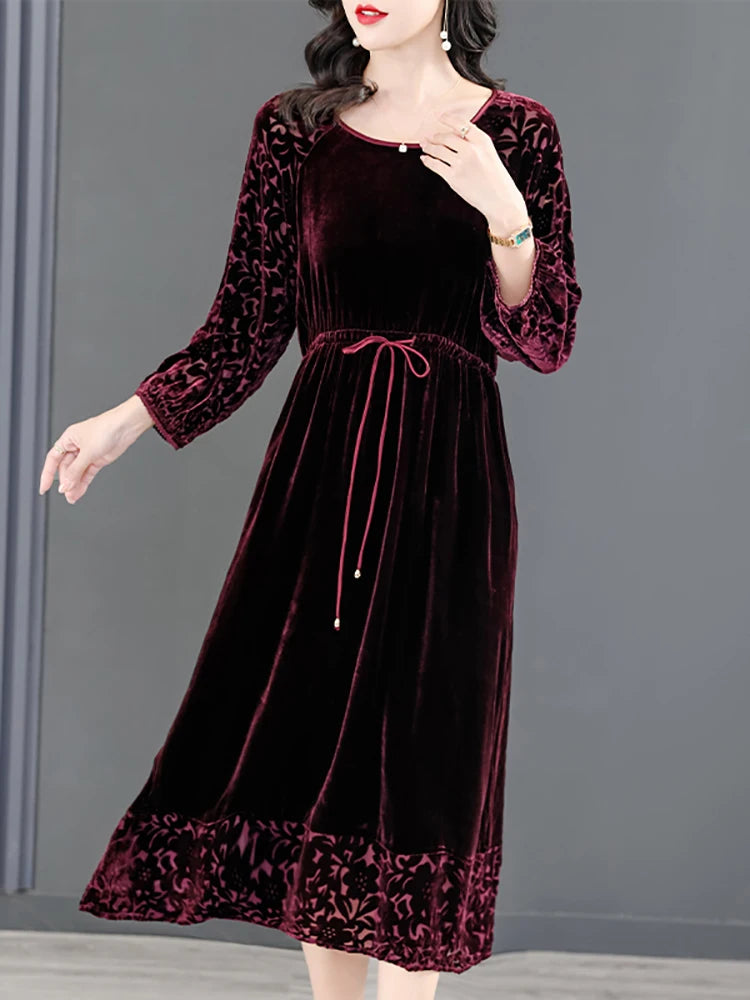 Printed Long Sleeve Velvet Midi Dress