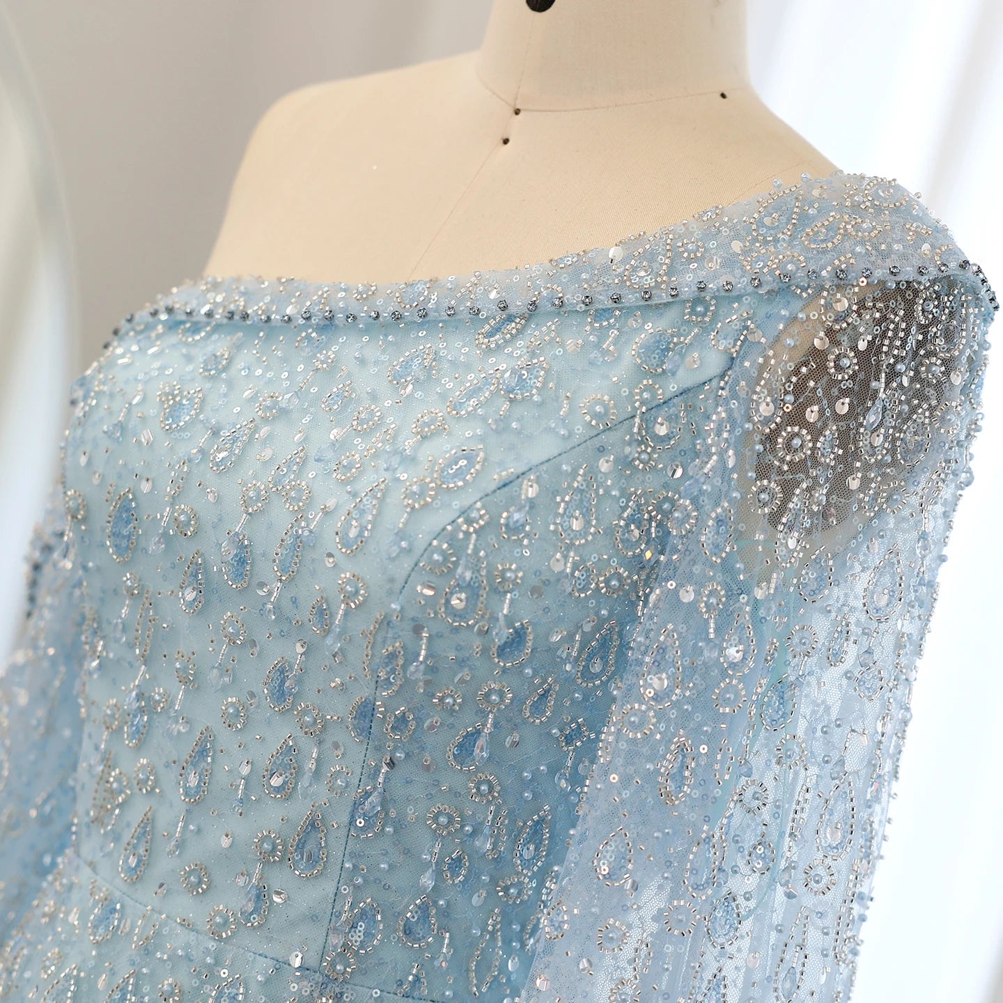 Sequined Feather One Shoulder Dress with Cape Sleeves