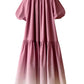 Gradient Pleated V-Neck Puff Sleeve Midi Dress