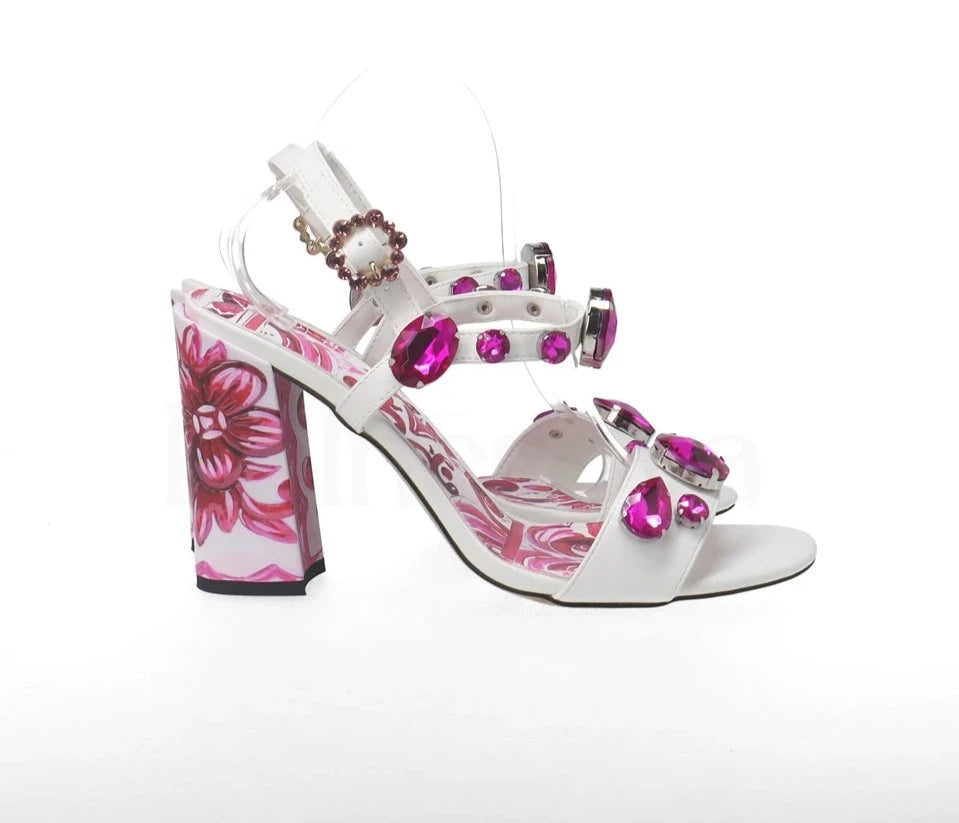 Porcelain Print Embellished Chunky Heel Sandals