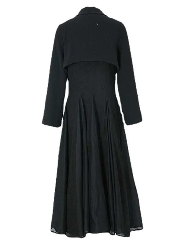 Pleated Long Sleeve Lapel Collar Midi Dress