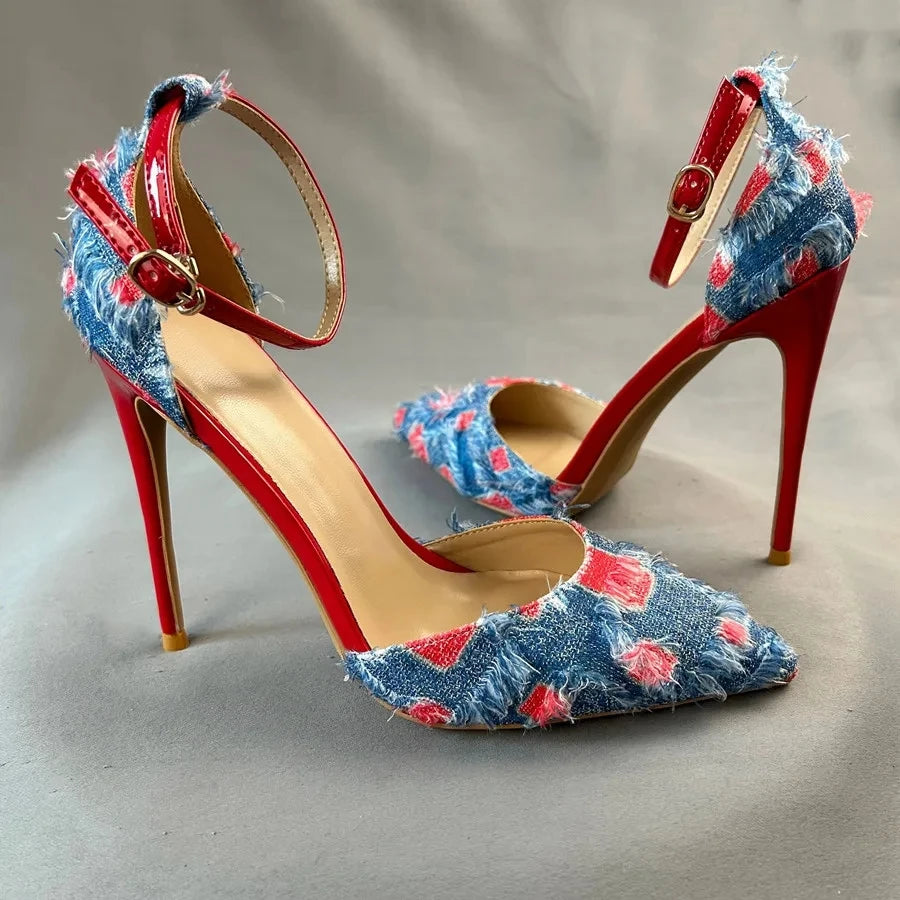 Denim Ankle Strap High Heel Sandals