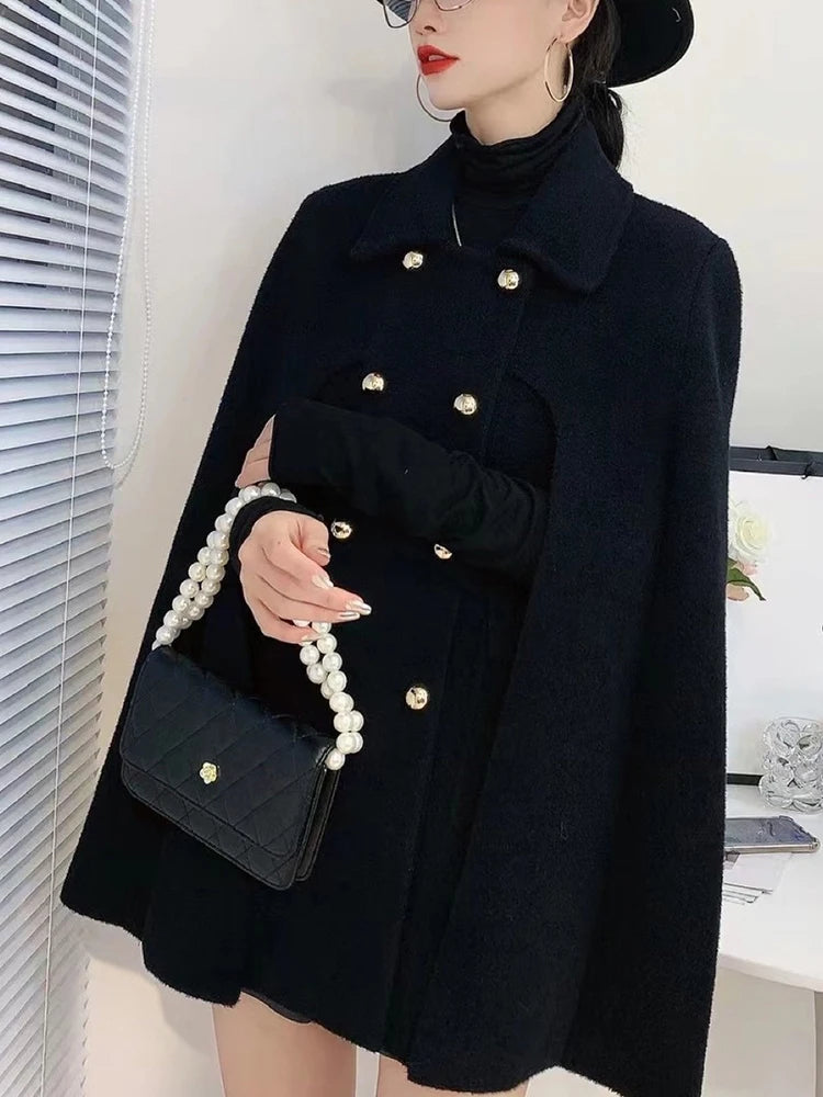 Spliced Cape Sleeve Double-Breasted Coat