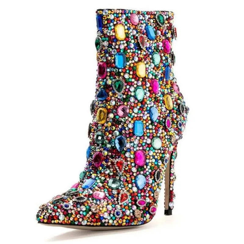 Multicolor Crystal Embellished Ankle Boots