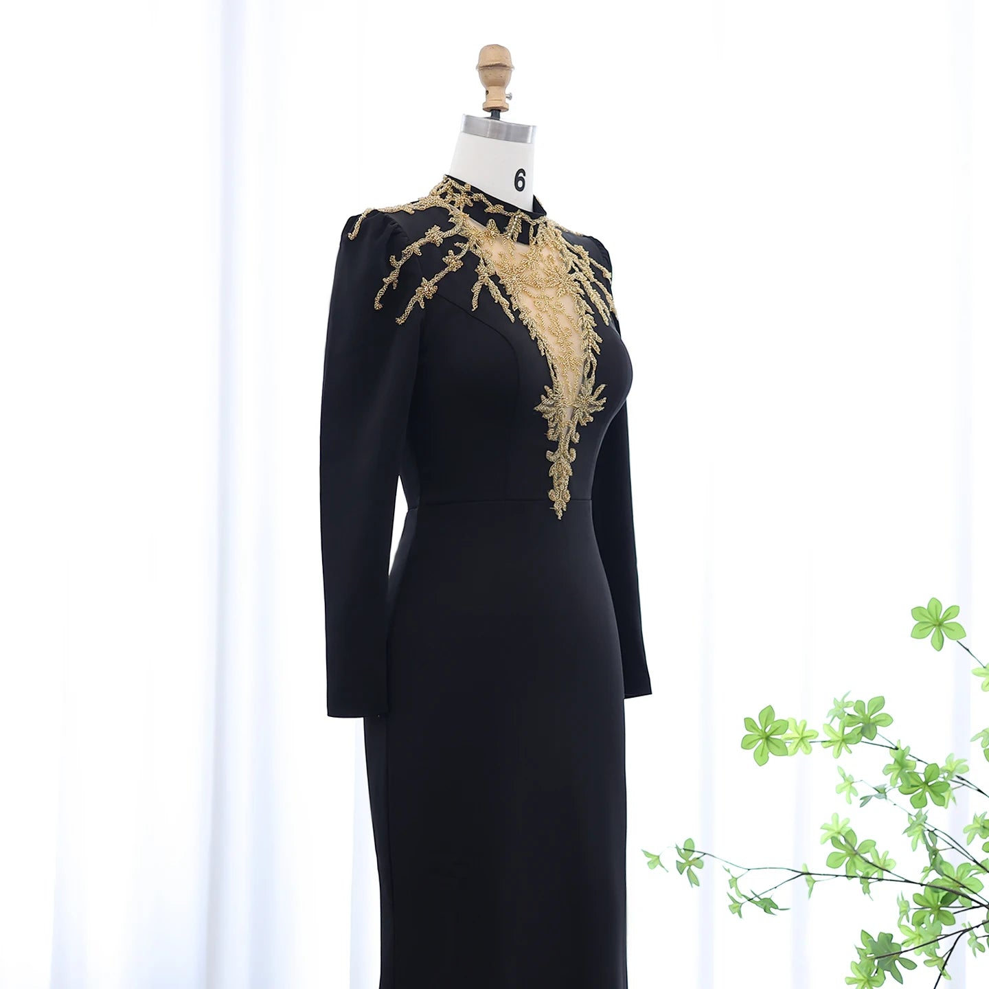 Beaded High Neck Long Sleeve Floor Length Dress