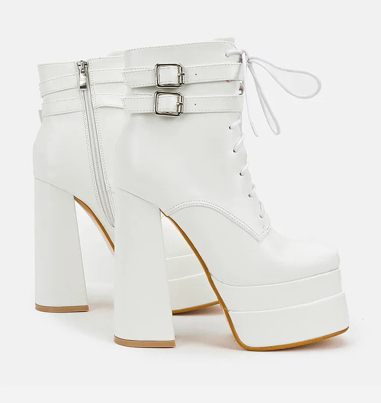 Lace-Up Block Heel Platform Mid-Calf Boots