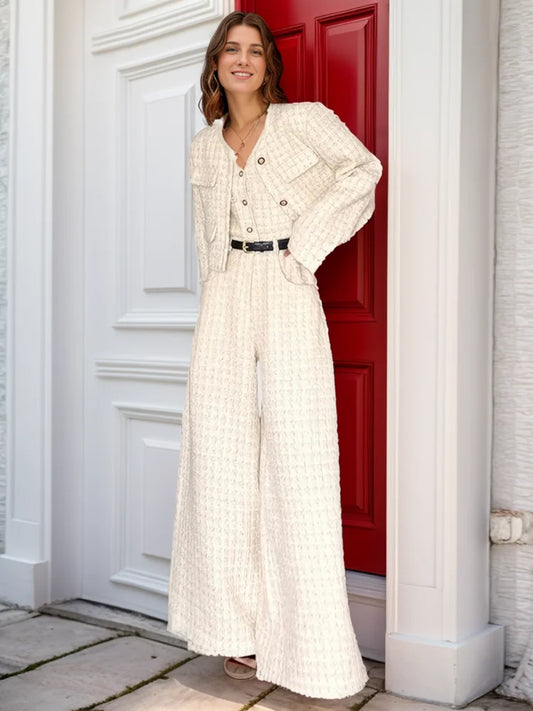 Plaid V-Neck Coat and Wide Leg Jumpsuit Set