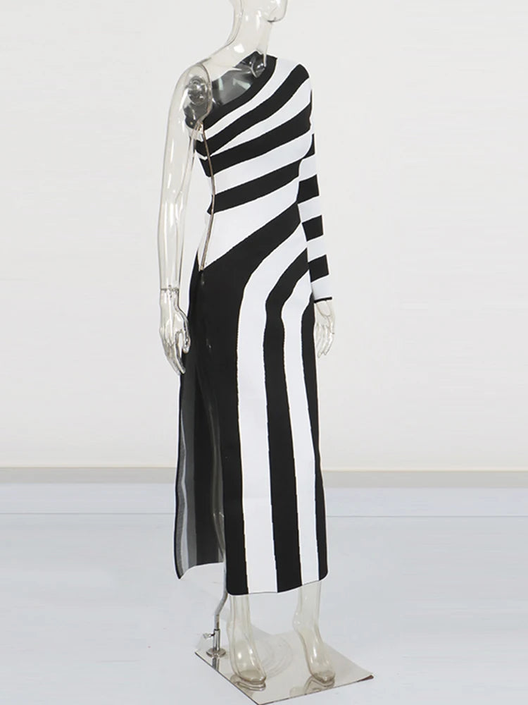 Striped Asymmetrical One Shoulder Long Sleeve Knit Dress