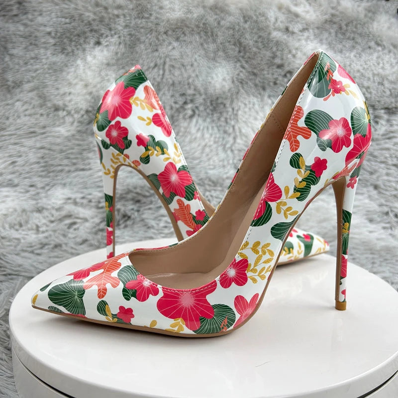 Glossy Floral Print Pointed Toe High Heel Shoes