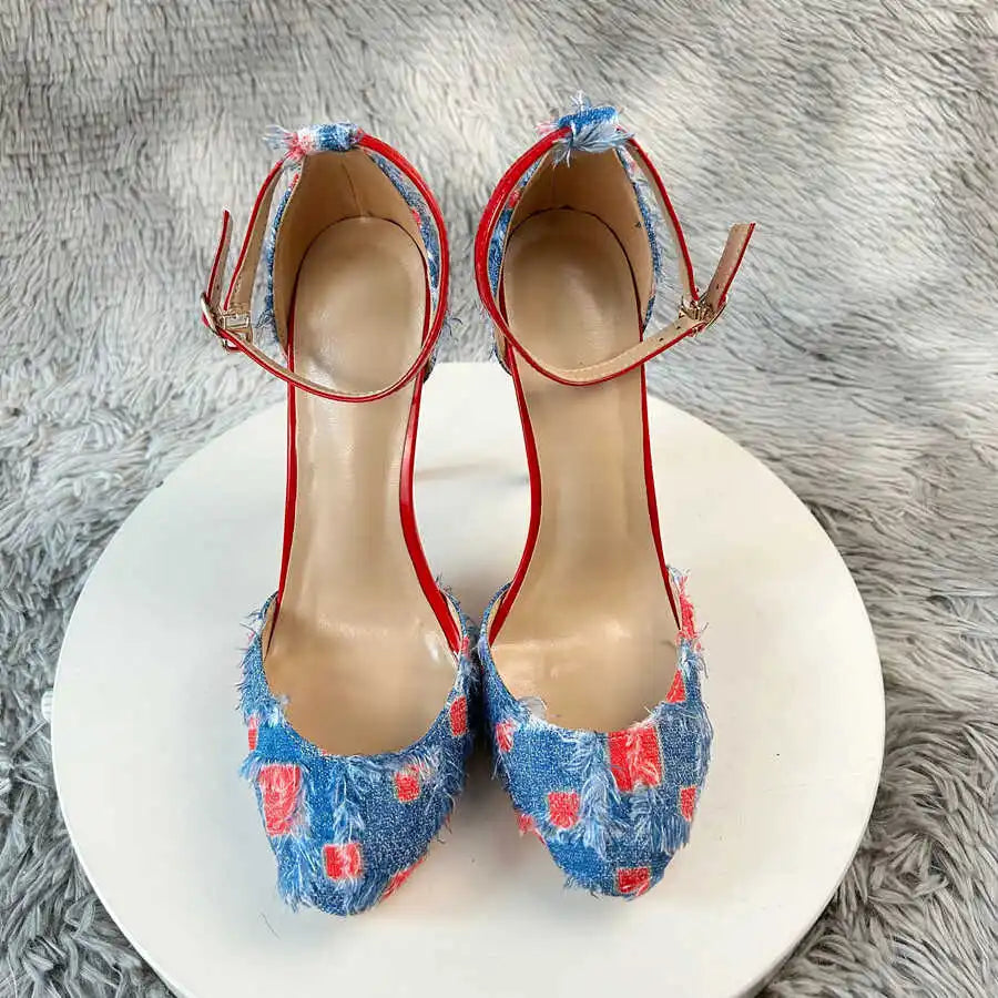 Denim Ankle Strap High Heel Sandals