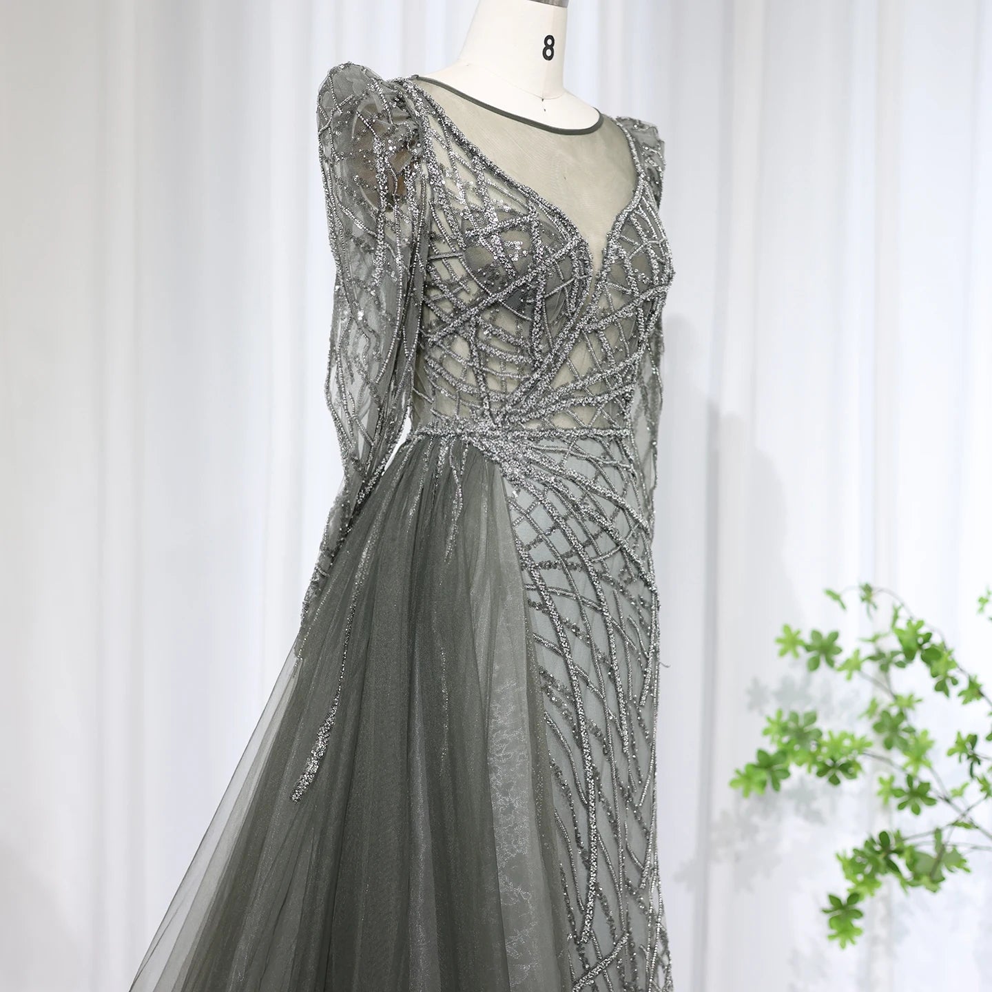 Beaded Round Neck Floor-Length Dress with Overskirt