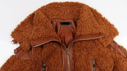 PU Leather Patchwork Faux Fur Fluffy Jacket