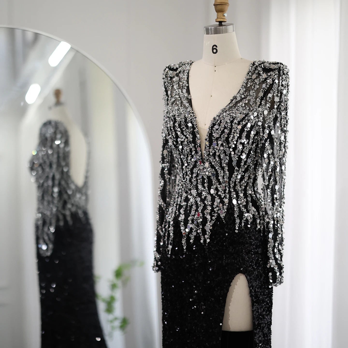 Sequined V-Neck Long Sleeve Floor-Length Dress