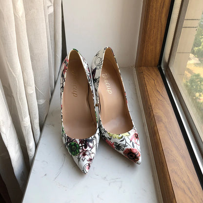 Flower Print Patent Pointed Toe High Heel Shoes