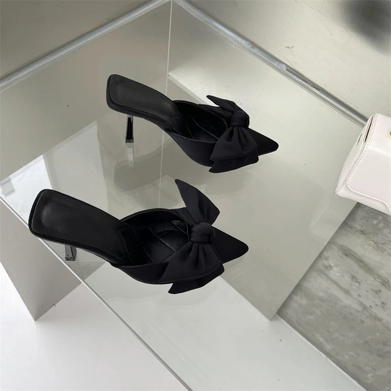 Butterfly-Knot Bow Pointed Toe High Heel Mules
