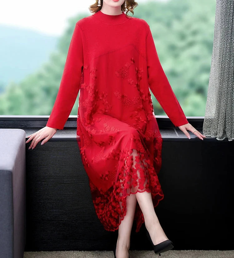 Spliced Embroidery Round Neck Long Sleeve Knit Dress