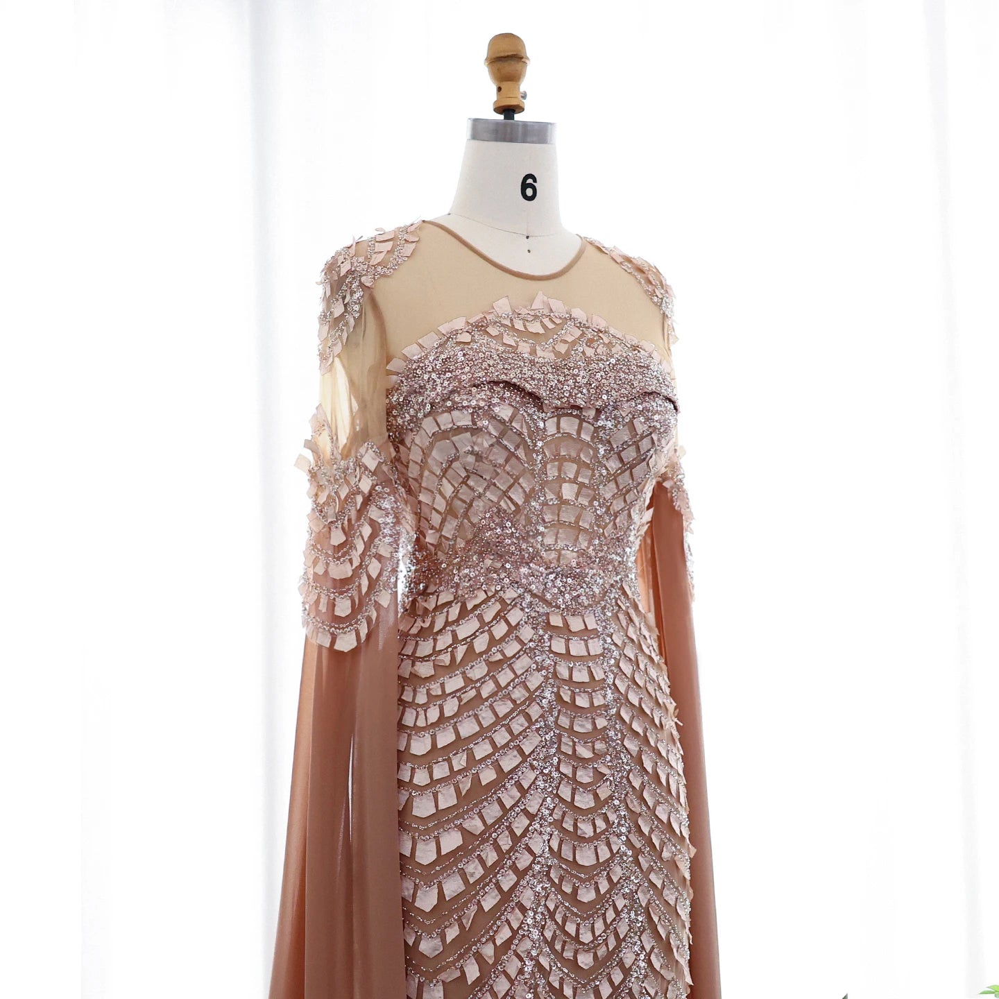 Sequined Patchwork Floor-Length Dress with Cape Sleeves