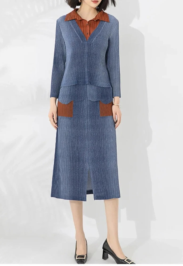 Miyake Pleated Long Sleeve Shirt and Midi Skirt Set
