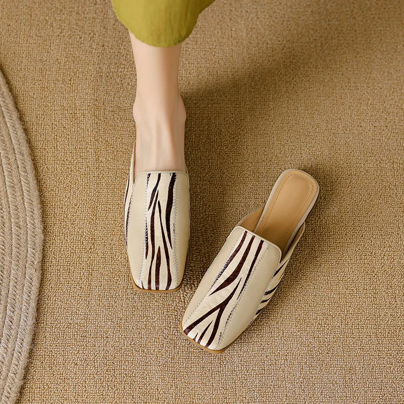 Horse Hair Patchwork Square Toe Mules