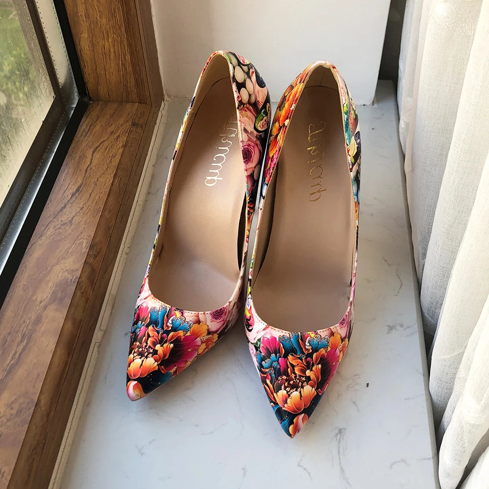 Glossy Floral Print Pointed Toe High Heel Shoes