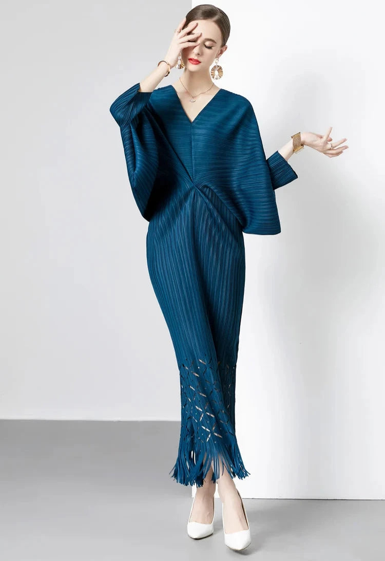 Miyake Pleated Batwing Sleeve Tassel Maxi Dress