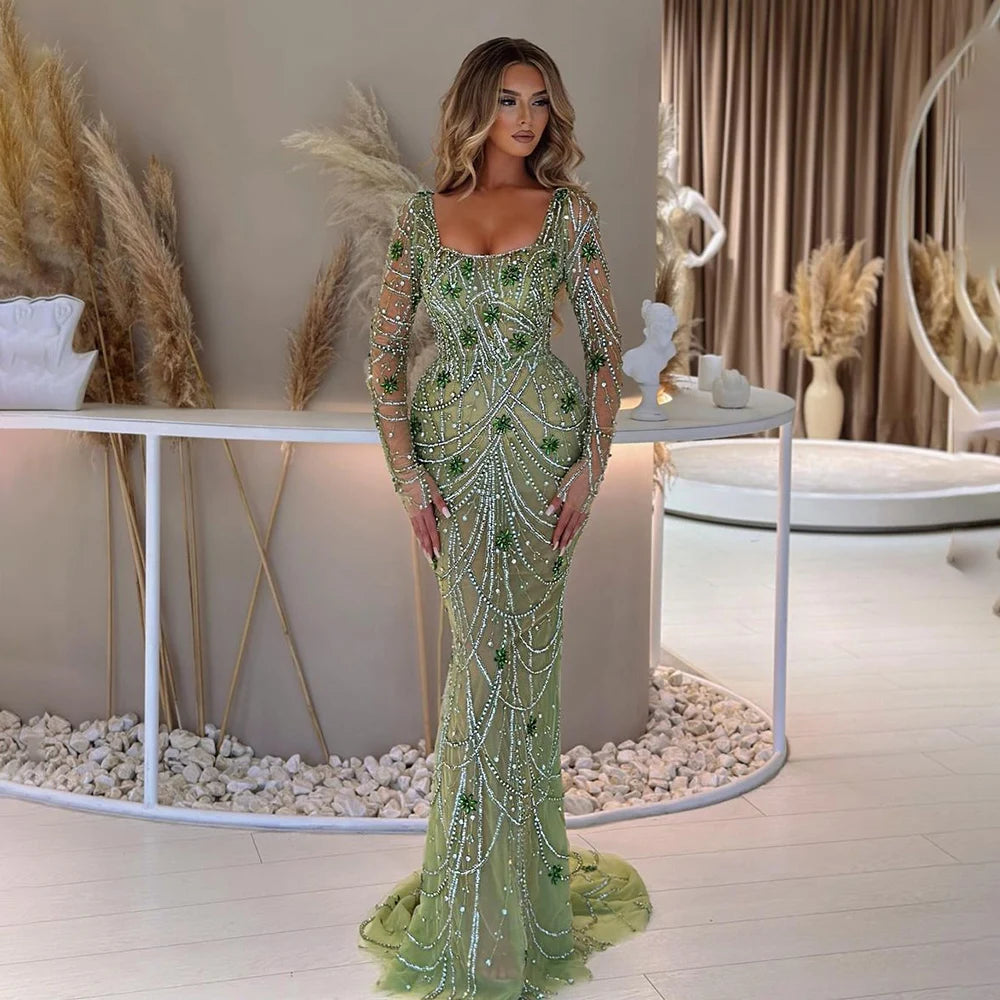 Beaded Square Neck Long Sleeve Mermaid Dress