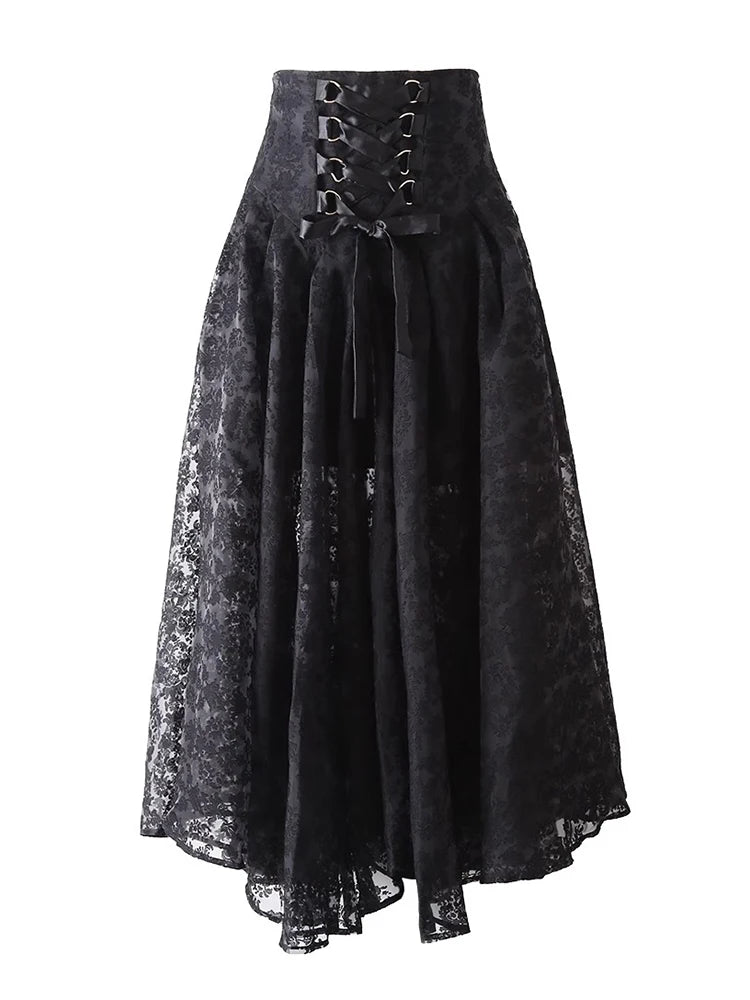 Spliced Lace-Up  Embroidered High Waist Skirt