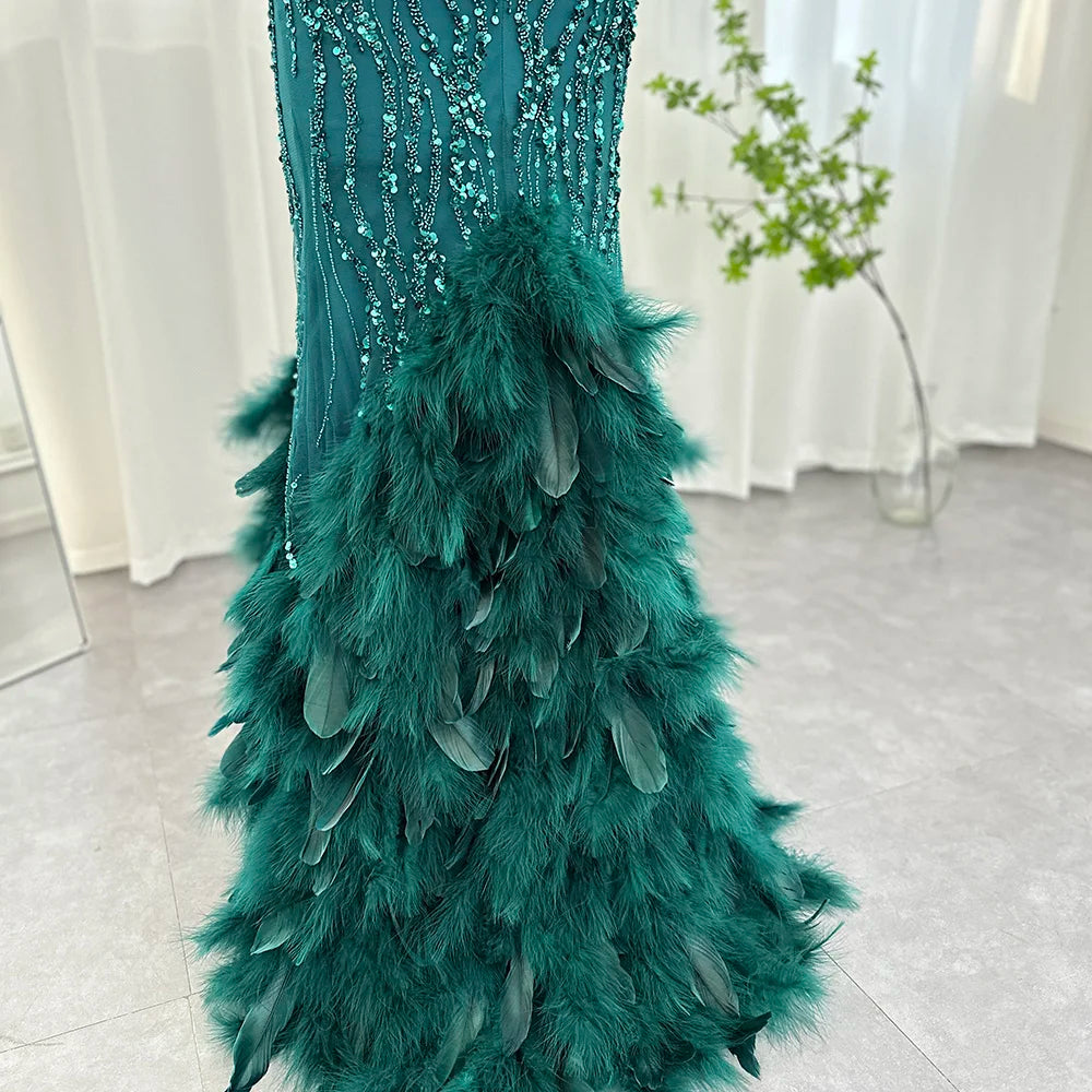 Luxury Feathers Sequined Slit Mermaid Dress