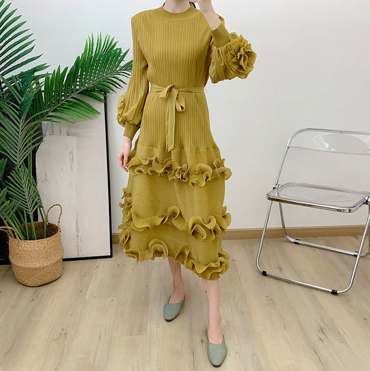 Miyake Pleated Lace Up Midi Dress