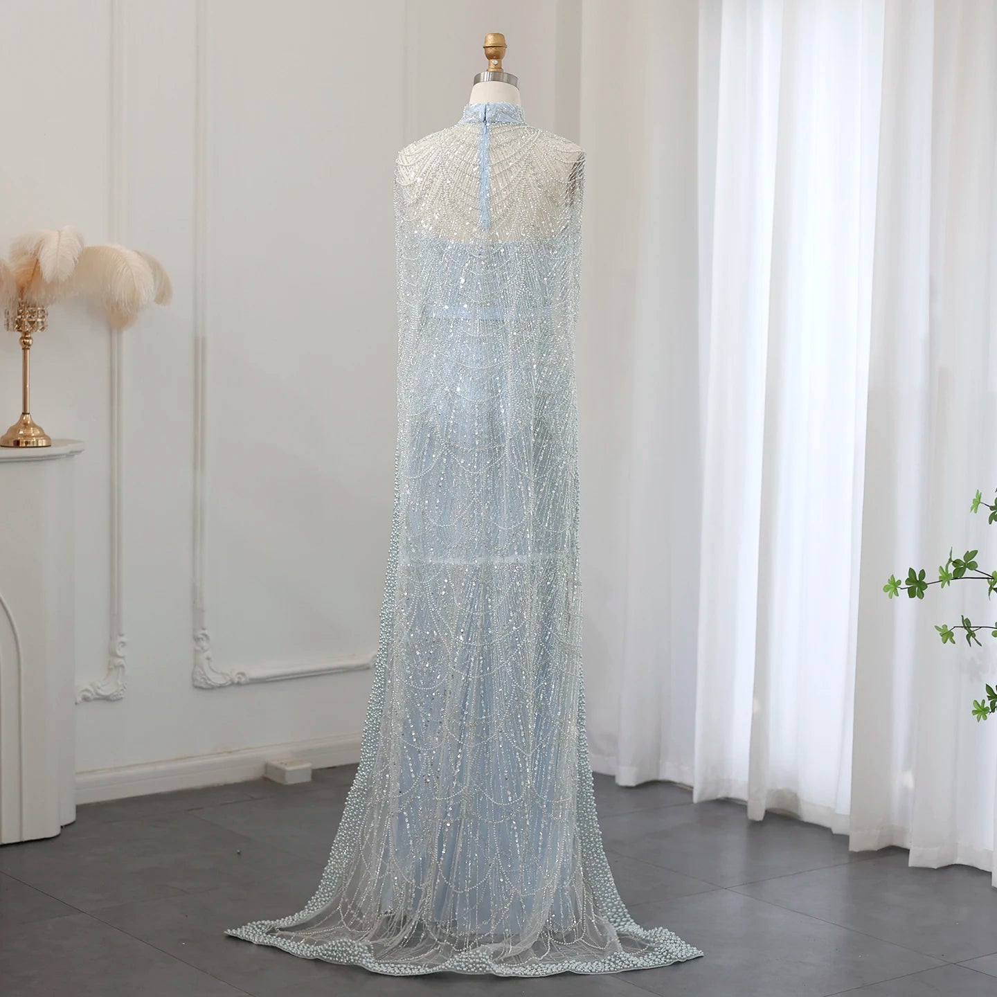 Beaded Strapless Floor-Length Dress with Cape