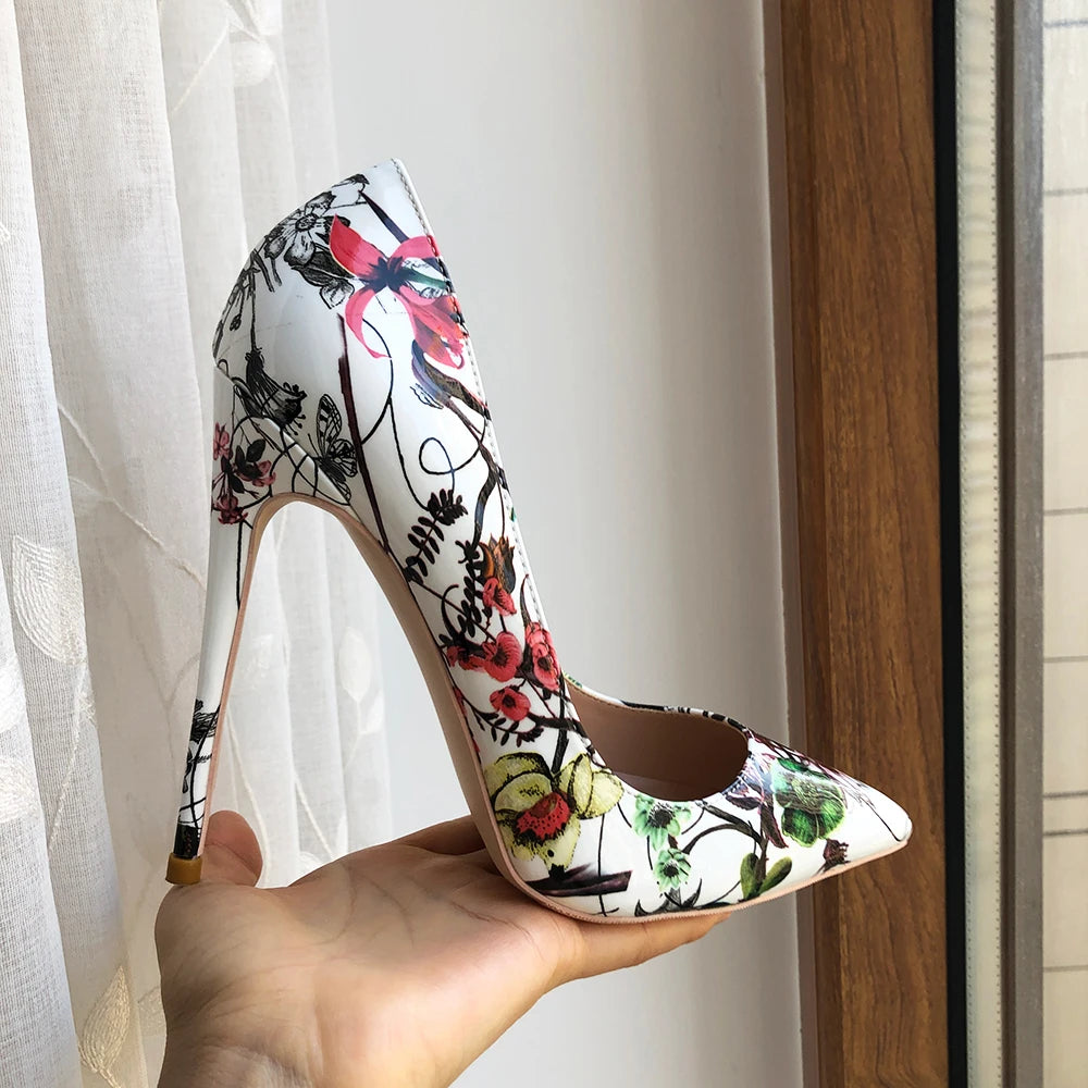 Flower Print Patent Pointed Toe High Heel Shoes