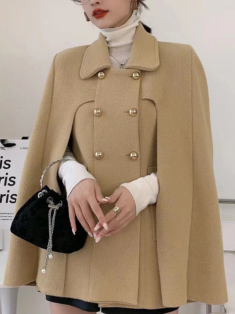 Spliced Cape Sleeve Double-Breasted Coat