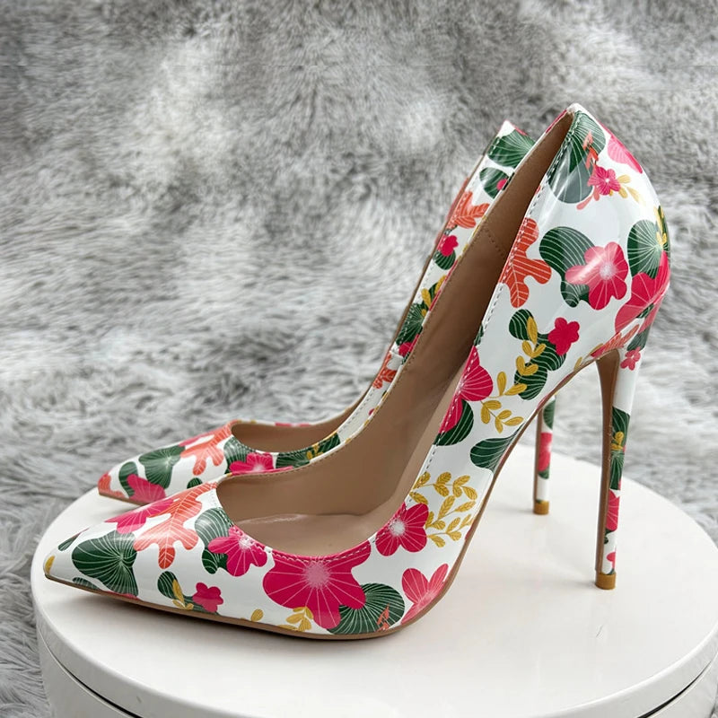 Glossy Floral Print Pointed Toe High Heel Shoes