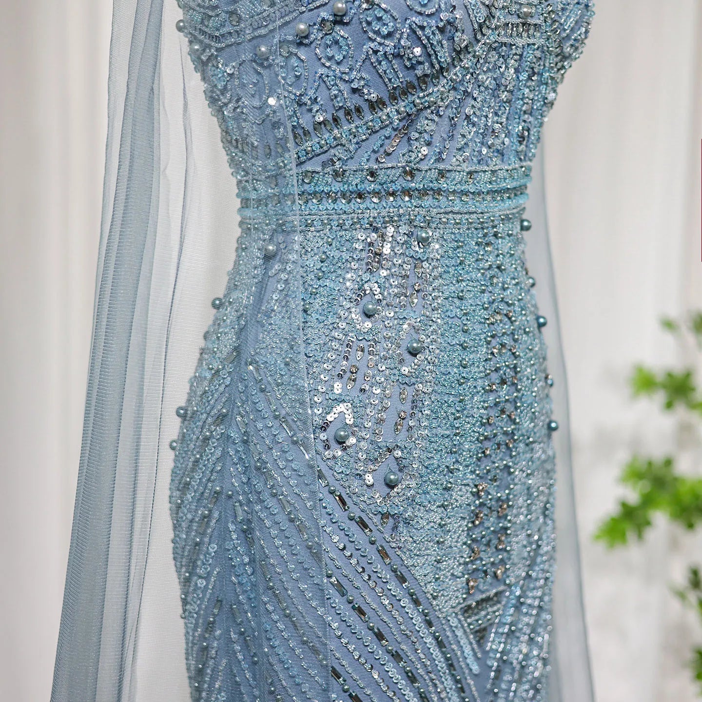 Luxury Beaded Floor-Length Dress with Long Cape Sleeves