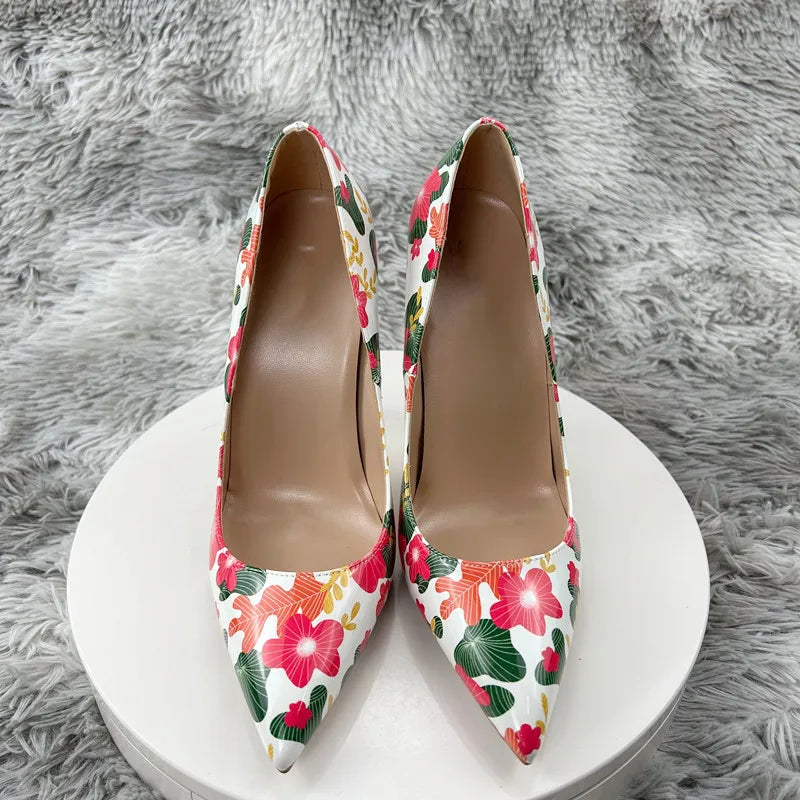 Glossy Floral Print Pointed Toe High Heel Shoes