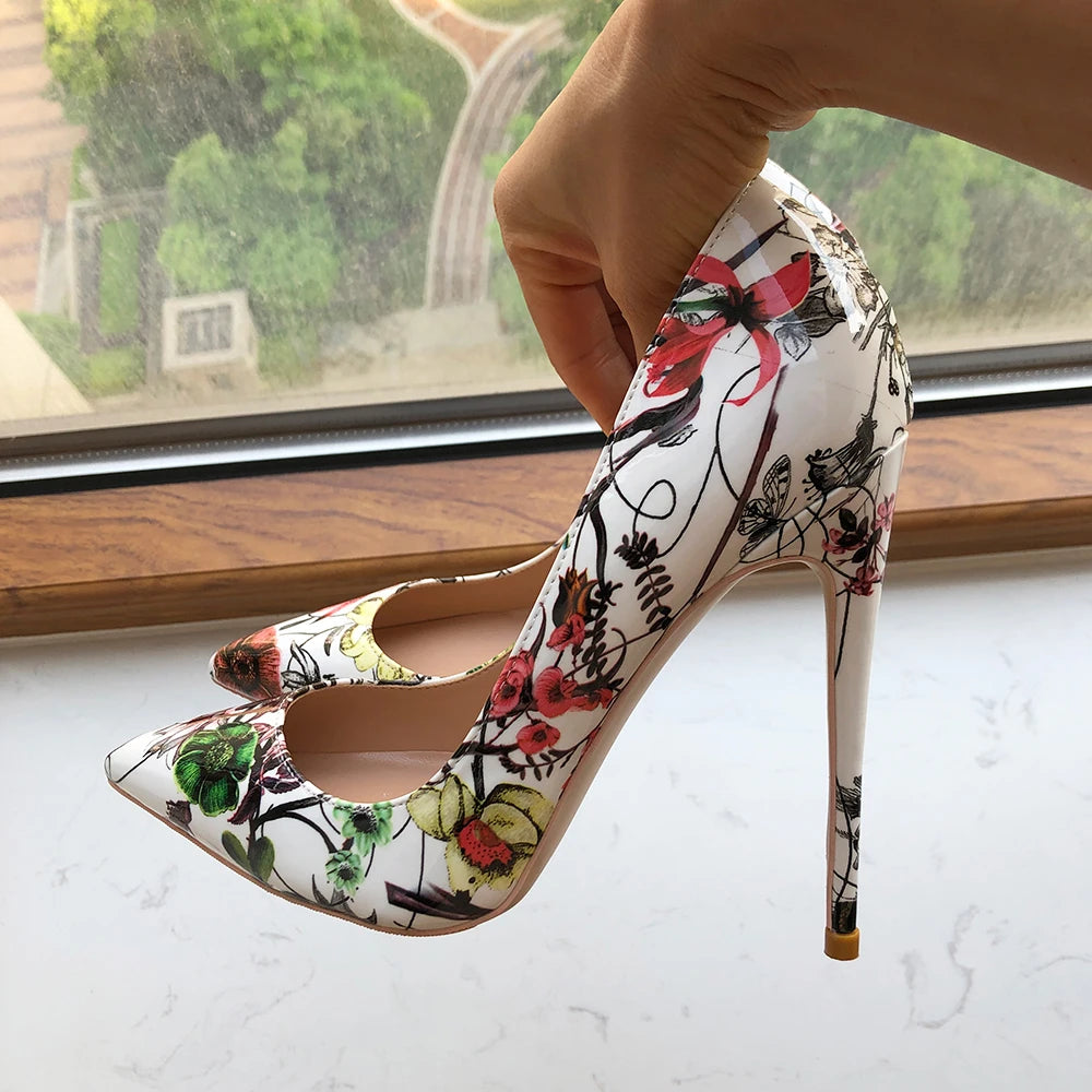 Flower Print Patent Pointed Toe High Heel Shoes