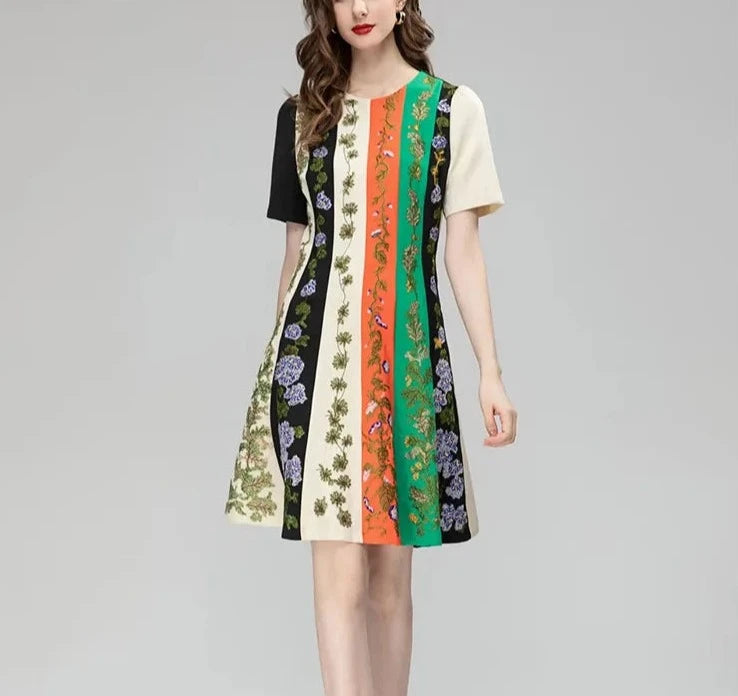 Flower Embroidered Patchwork Mini Dress
