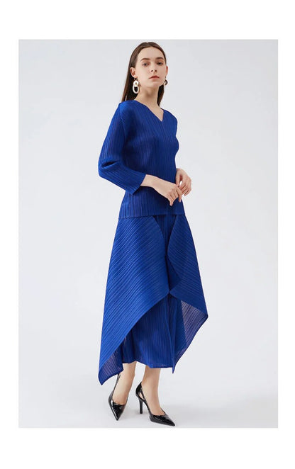 Miyake Pleated Long Sleeve Top and Irregular Hem Skirt Set