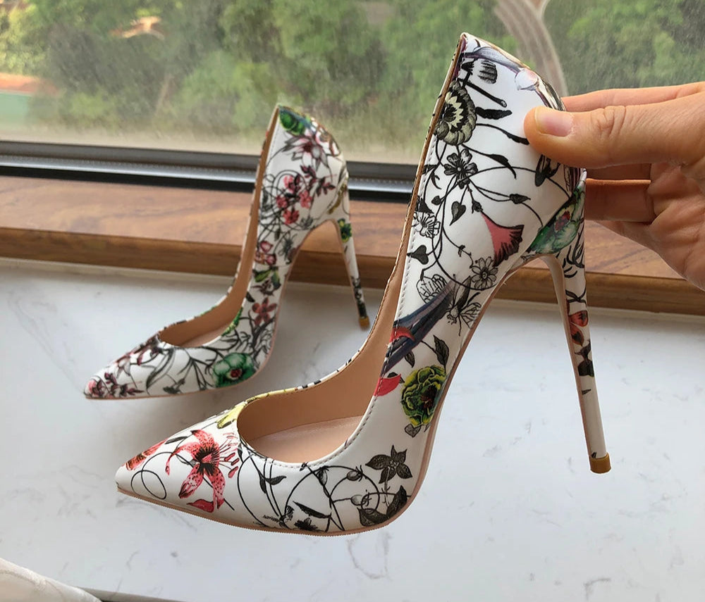 Flower Print Patent Pointed Toe High Heel Shoes