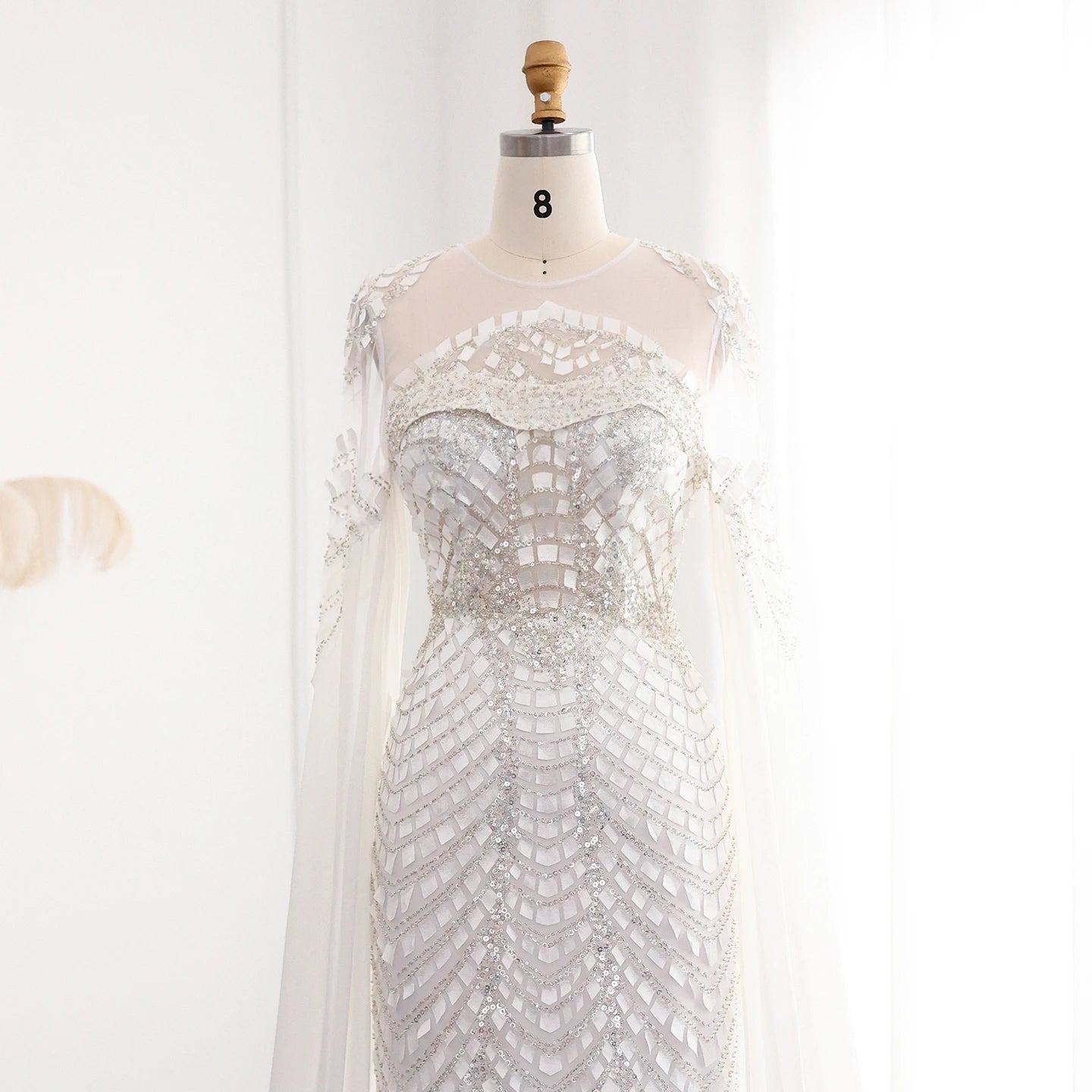 Sequined Patchwork Floor-Length Dress with Cape Sleeves